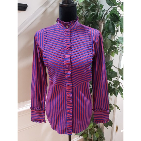 J. Crew Tops - J. Crew Red & Blue Striped Long Sleeve Ruffle Trim Tuxedo Top Blouse XS